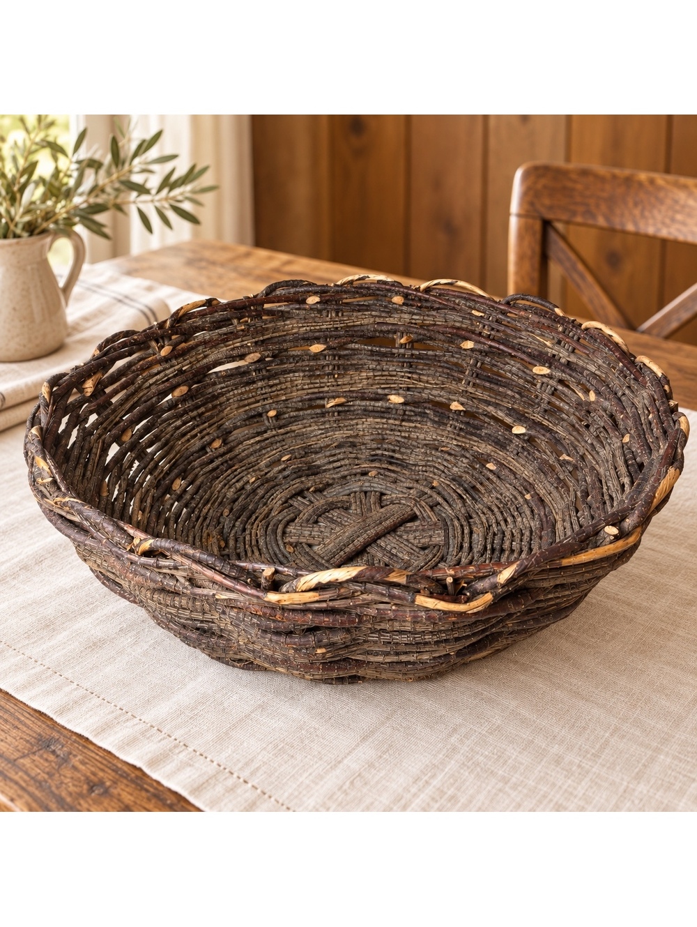 Vintage Handwoven Twig Basket Large 17 Inch Rustic Farmhouse Bowl Woodland Decor